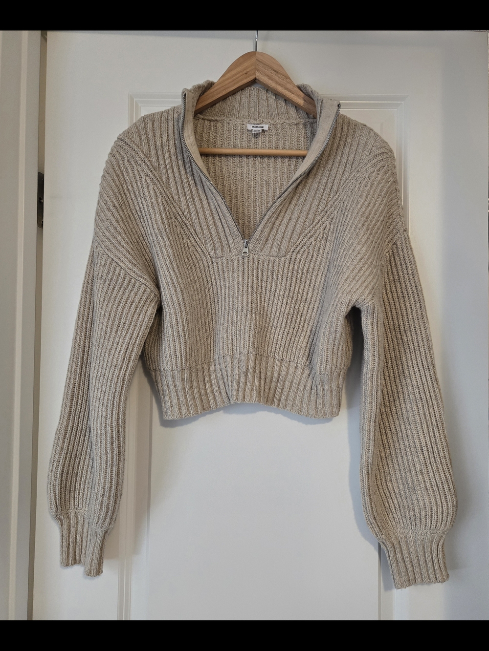 Garage Beige Cropped Ribbed Half‑Zip Sweater